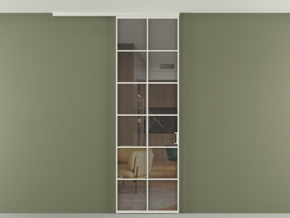 Перегородка Формато вдоль стены на потолок 1 створка АЛПР 040.05 Алюминий Белый Прозрачное серое стекло, триплекс Цена 669630 AMD | Volhovec