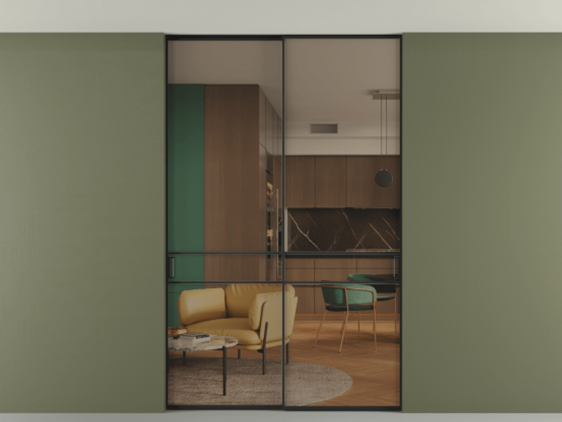 Перегородка Formato внутри проёма двустворчатая со скрытым креплением в потолок АЛПР 040.02 Алюминий Черный Прозрачное бронзовое стекло, триплекс, 6 мм Цена 1789720 AMD | Volhovec