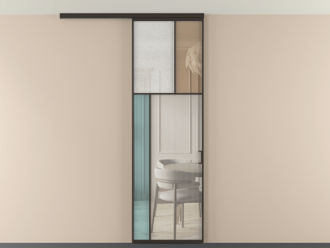 Перегородка Мозаик вдоль стены на потолок 1 створка АЛПР 041.22 Алюминий антрацит Комбинация стекол Группы 1 и Группы 3 Цена 951200 AMD | Volhovec