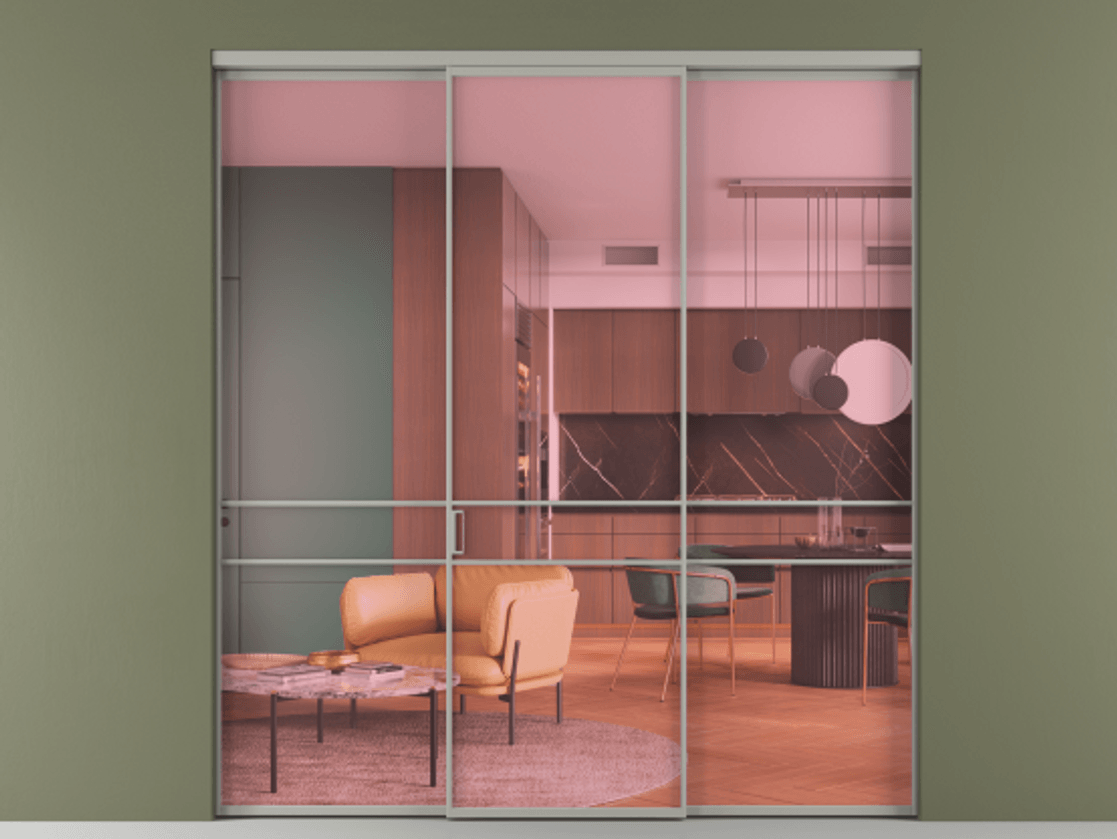 Перегородка Формато внутри проёма 3 створки АЛПР 040.02 Алюминий нейтральный серый Прозрачное розовое стекло, триплекс Цена 1600200 AMD | Volhovec