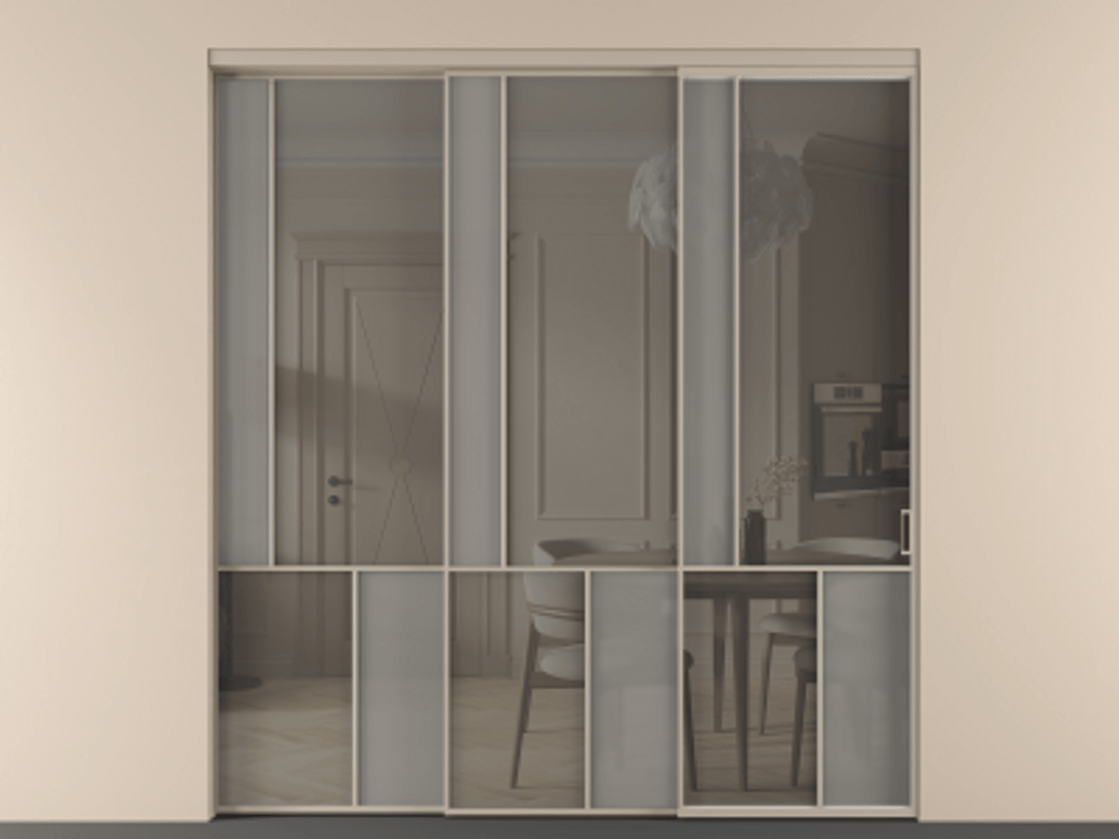 Перегородка Мозаик внутри проёма 3 створки с синхронным механизмом АЛПР 041.20  Алюминий бисквитный Сатинированное серое стекло, триплекс, 6 мм + Прозрачное серое стекло, триплекс Цена 2949760 AMD | Volhovec