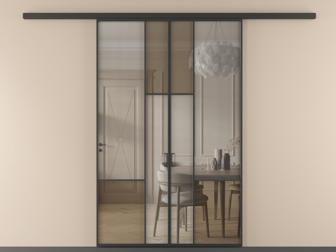 Перегородка Mosaic вдоль стены двустворчатая АЛПР 041.13 Алюминий Черный Декоративное стекло с сеткой "Mesh silver", триплекс, 6 мм + Прозрачное бронзовое стекло, триплекс. Скрытый короб ЧЕР Цена 266080 ₽ . Фабрика дверей Волховец 8 (800) 551 43 19 Перегородка Mosaic вдоль стены двустворчатая АЛПР 041.13 Алюминий Черный Декоративное стекло с сеткой "Mesh silver", триплекс, 6 мм + Прозрачное бронзовое стекло, триплекс Цена 266080 ₽ | Volhovec