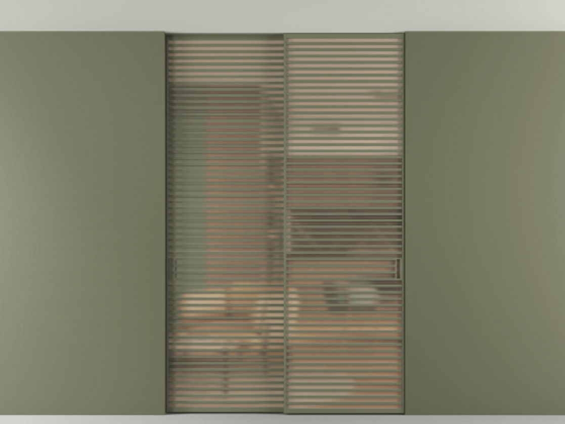 Перегородка Formato внутри проёма скрытое крепление в потолок 2 створки АЛПР 040.07 Алюминий оливковый тёмный Сатинированное оранжевое стекло, триплекс Цена 3406500 AMD | Volhovec