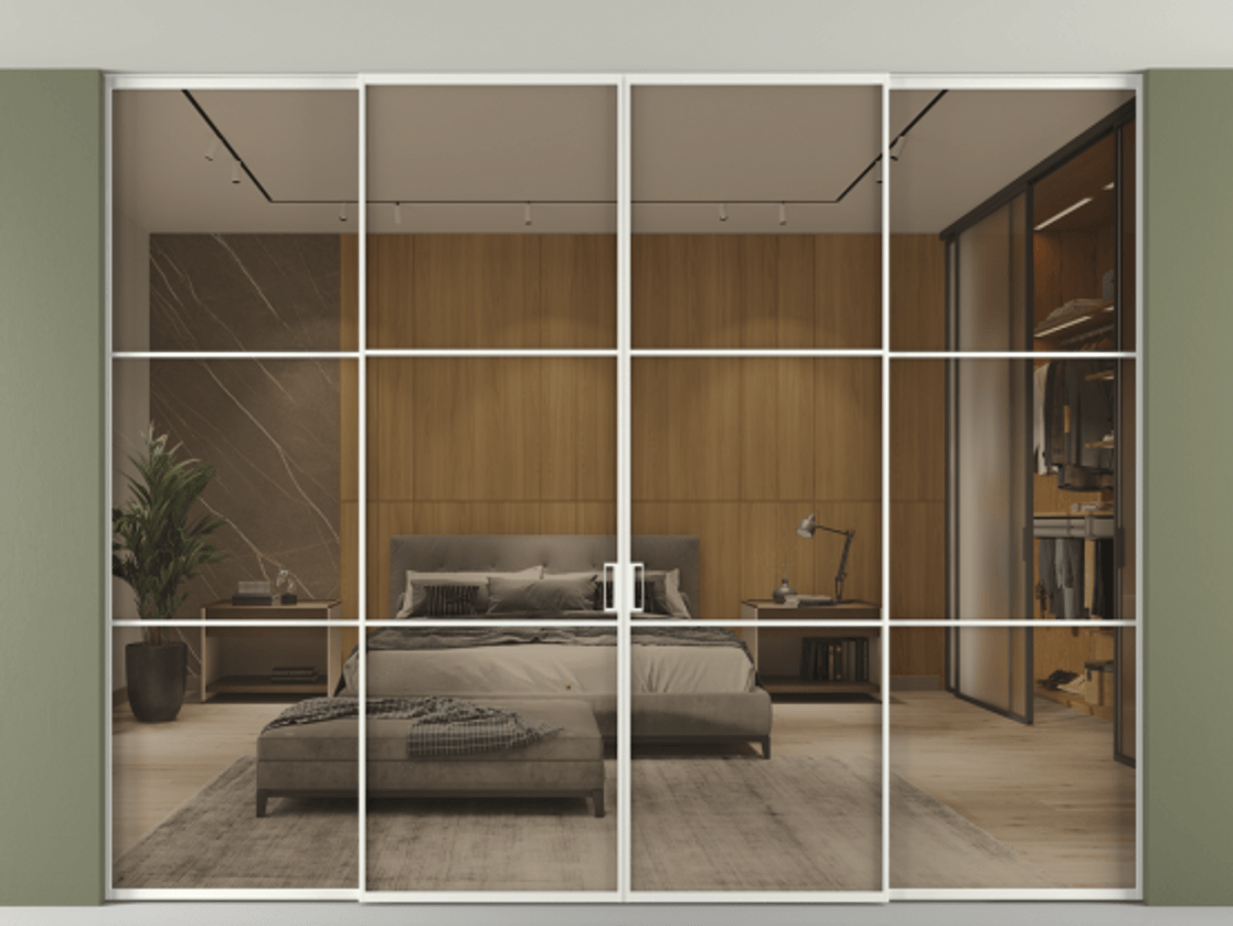 Перегородка Формато внутри проёма скрытое крепление в потолок 4 створки АЛПР 040.03 Алюминий светло-серый Рефлективное бронзовое стекло "Стопсол", калёное Цена 3743860 AMD | Volhovec