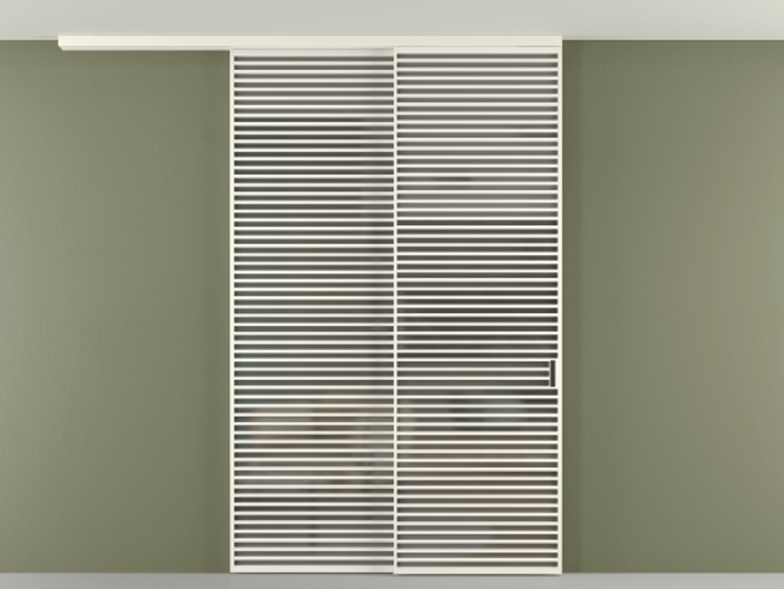 Перегородка Формато вдоль стены на потолок 2 створки с синхронным механизмом АЛПР 040.07 Алюминий жемчужный Сатинированное серое стекло, триплекс Цена 3037880 AMD | Volhovec