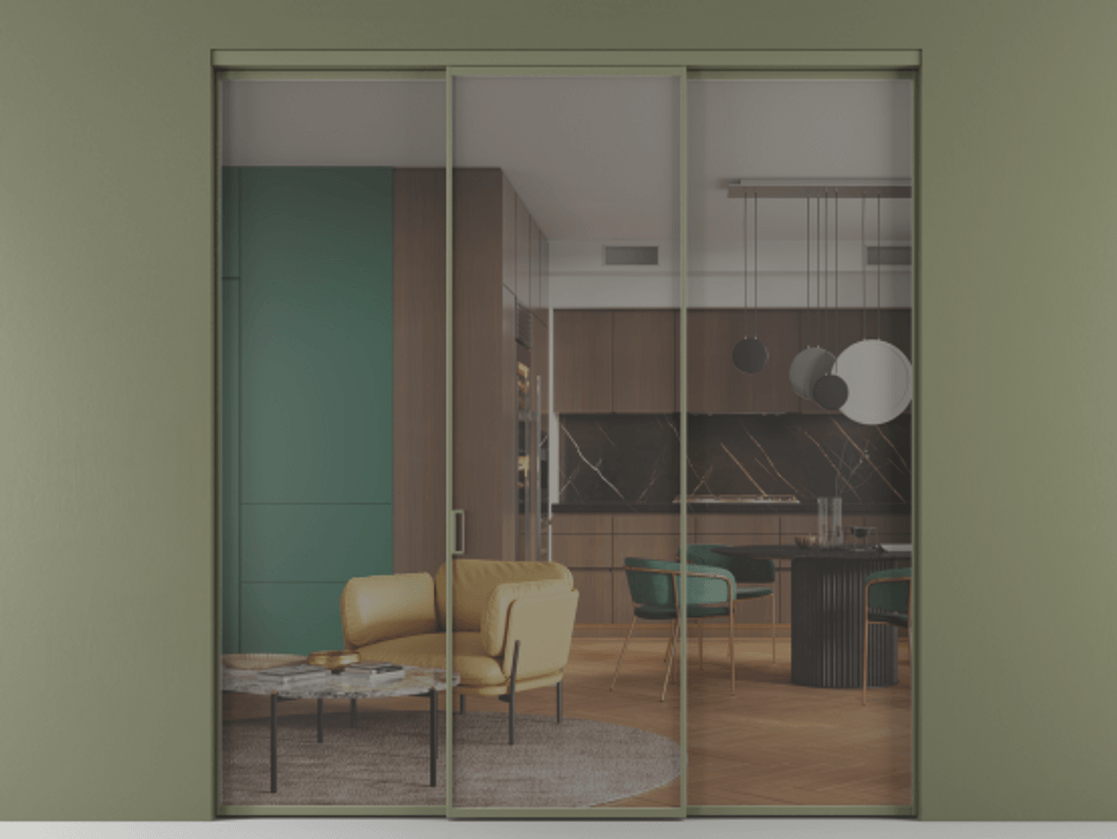 Перегородка Formato внутри проёма 3 створки АЛПР 040.01 Алюминий оливковый тёмный Прозрачное серое стекло, триплекс Цена 1518240 AMD | Volhovec