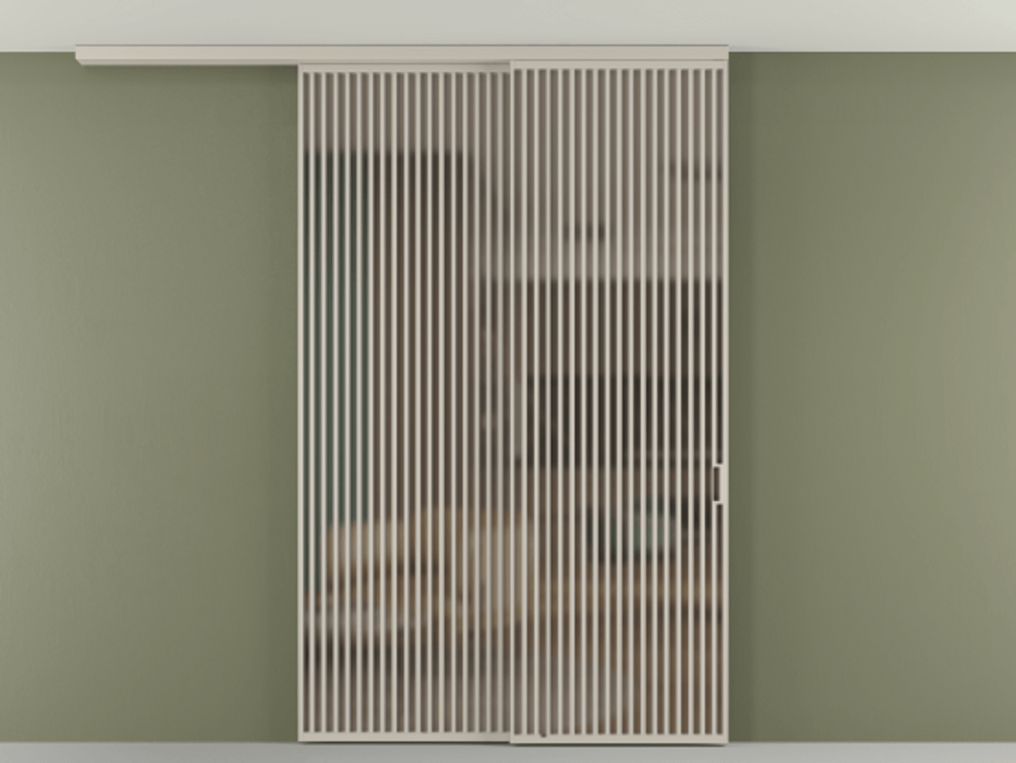 Перегородка Формато вдоль стены на потолок 2 створки с синхронным механизмом АЛПР 040.06 Алюминий светло-бежевый Сатинированное бронзовое стекло, триплекс Цена 3037880 AMD | Volhovec