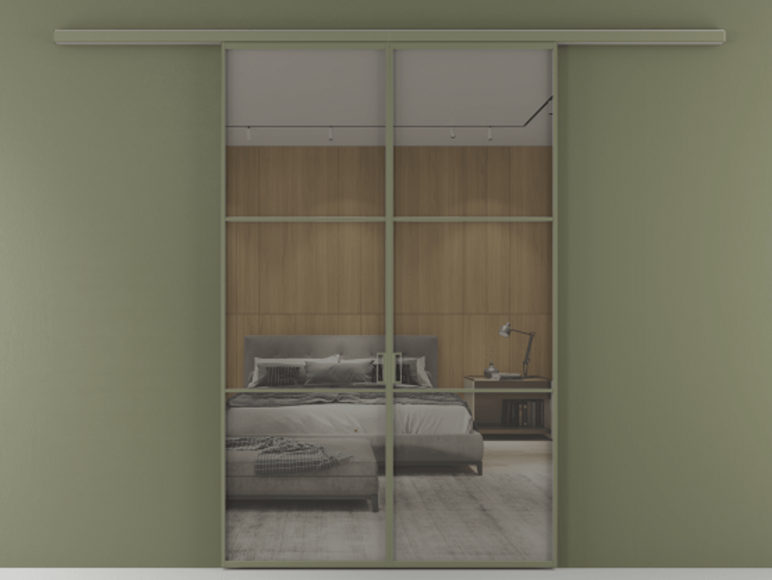 Перегородка Формато вдоль стены 2 створки АЛПР 040.03 Алюминий оливковый тёмный Рефлективное серое стекло "Стопсол", калёное Цена 249000 ₽ | Volhovec