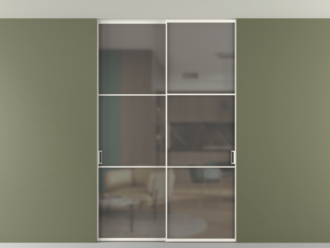 Перегородка Formato внутри проёма скрытое крепление в потолок 2 створки АЛПР 040.03 Алюминий пудровый белый Сатинированное серое стекло, триплекс Цена 1673960 AMD | Volhovec