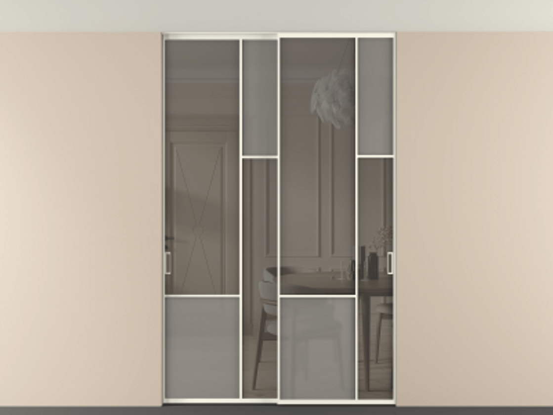 Перегородка Мозаик внутри проёма скрытое крепление в потолок 2 створки АЛПР 041.12 Алюминий жемчужный Сатинированное серое стекло, триплекс, 6 мм + Прозрачное серое стекло, триплекс Цена 2188970 AMD | Volhovec