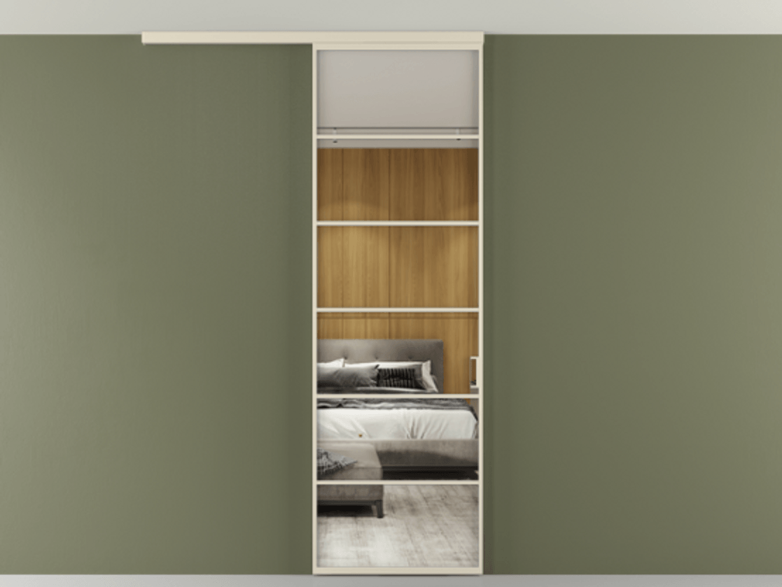 Перегородка Формато вдоль стены на потолок 1 створка АЛПР 040.04 Алюминий бежево-серый Двустороннее зеркало, триплекс , триплекс 6 мм Цена 850351 AMD | Volhovec