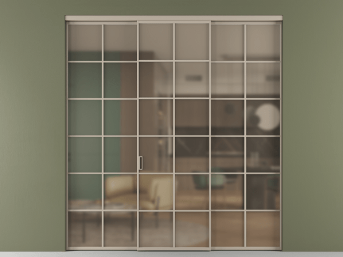 Перегородка Формато внутри проёма 3 створки АЛПР 040.05 Алюминий бисквитный Сатинированное бронзовое стекло, триплекс Цена 1718540 AMD | Volhovec