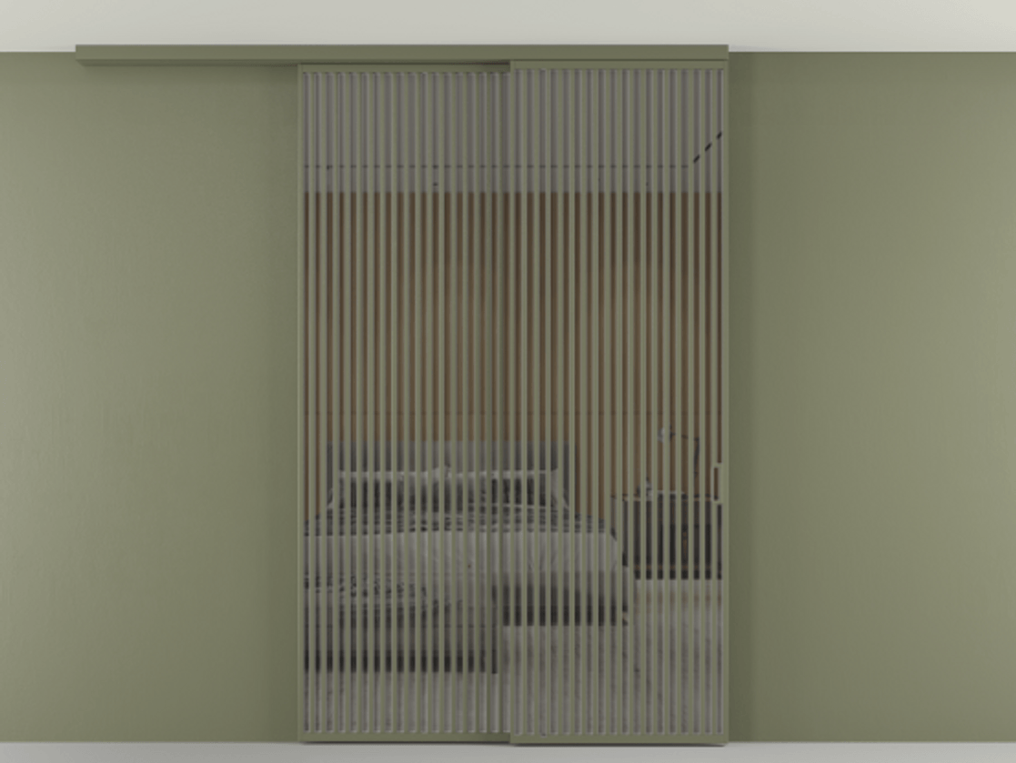 Перегородка Формато вдоль стены на потолок 2 створки с синхронным механизмом АЛПР 040.06 Алюминий оливковый тёмный Рефлективное серое стекло "Стопсол", калёное Цена 3124200 AMD | Volhovec