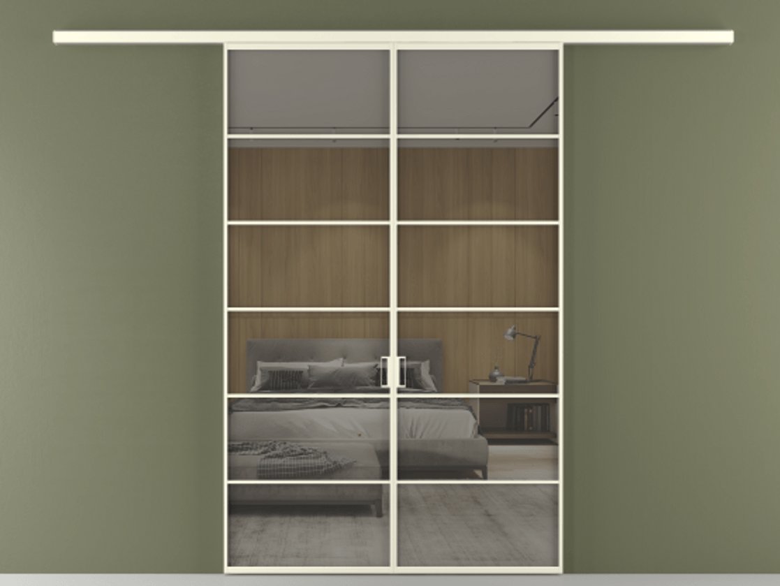 Перегородка Formato вдоль стены 2 створки АЛПР 040.04 Алюминий молочно-белый Рефлективное серое стекло "Stopsol", калёное Цена 1784460 AMD | Volhovec