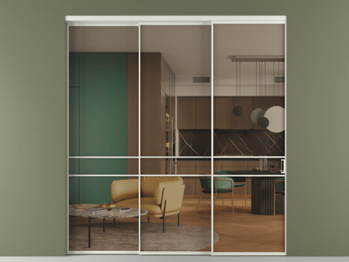 Перегородка Formato внутри проёма телескопик синхро 2 АЛПР 040.02 Алюминий Белый Прозрачное бронзовое стекло, триплекс Цена 328600 ₽  | Volhovec