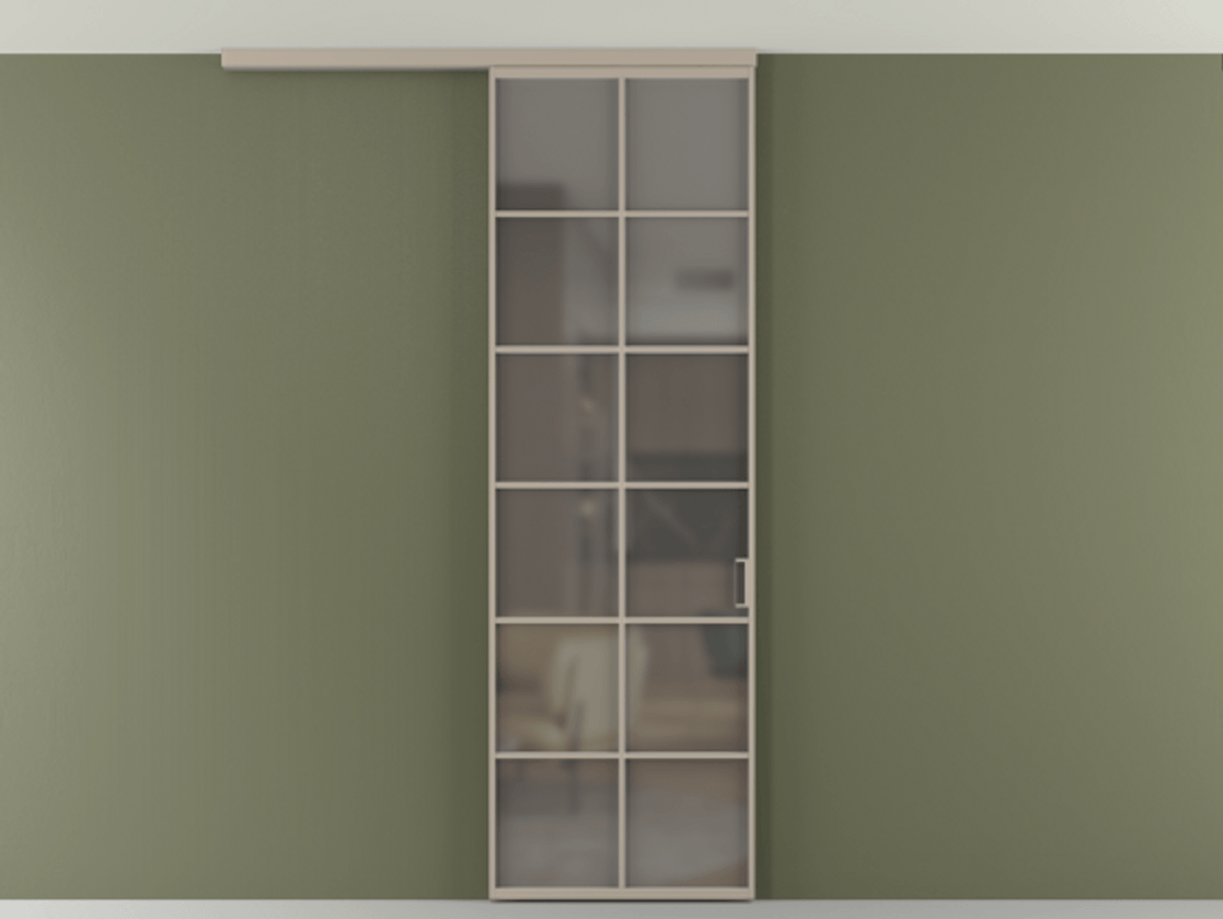 Перегородка Формато вдоль стены на потолок 1 створка АЛПР 040.05 Алюминий бисквитный Сатинированное серое стекло, триплекс Цена 727350 AMD | Volhovec