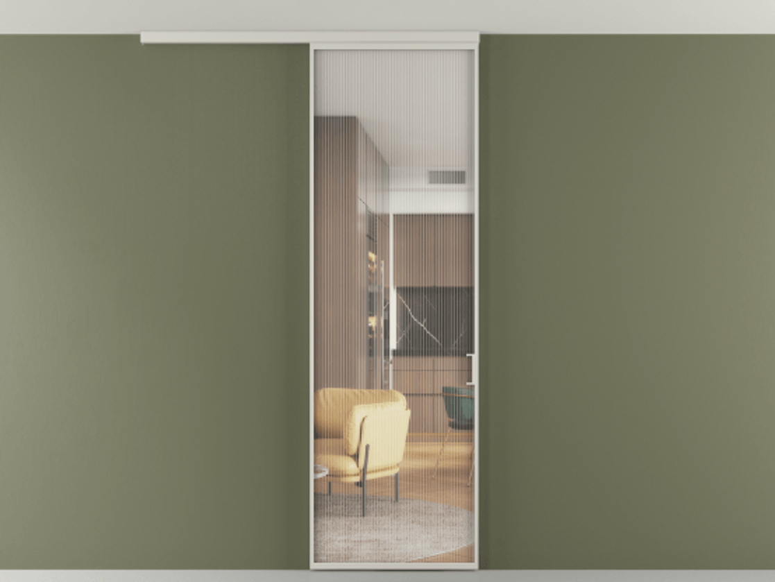 Перегородка Формато вдоль стены на потолок 1 створка АЛПР 040.01 Алюминий тёплый серый Рифлёное стекло "Мору", триплекс Цена 663630 AMD | Volhovec