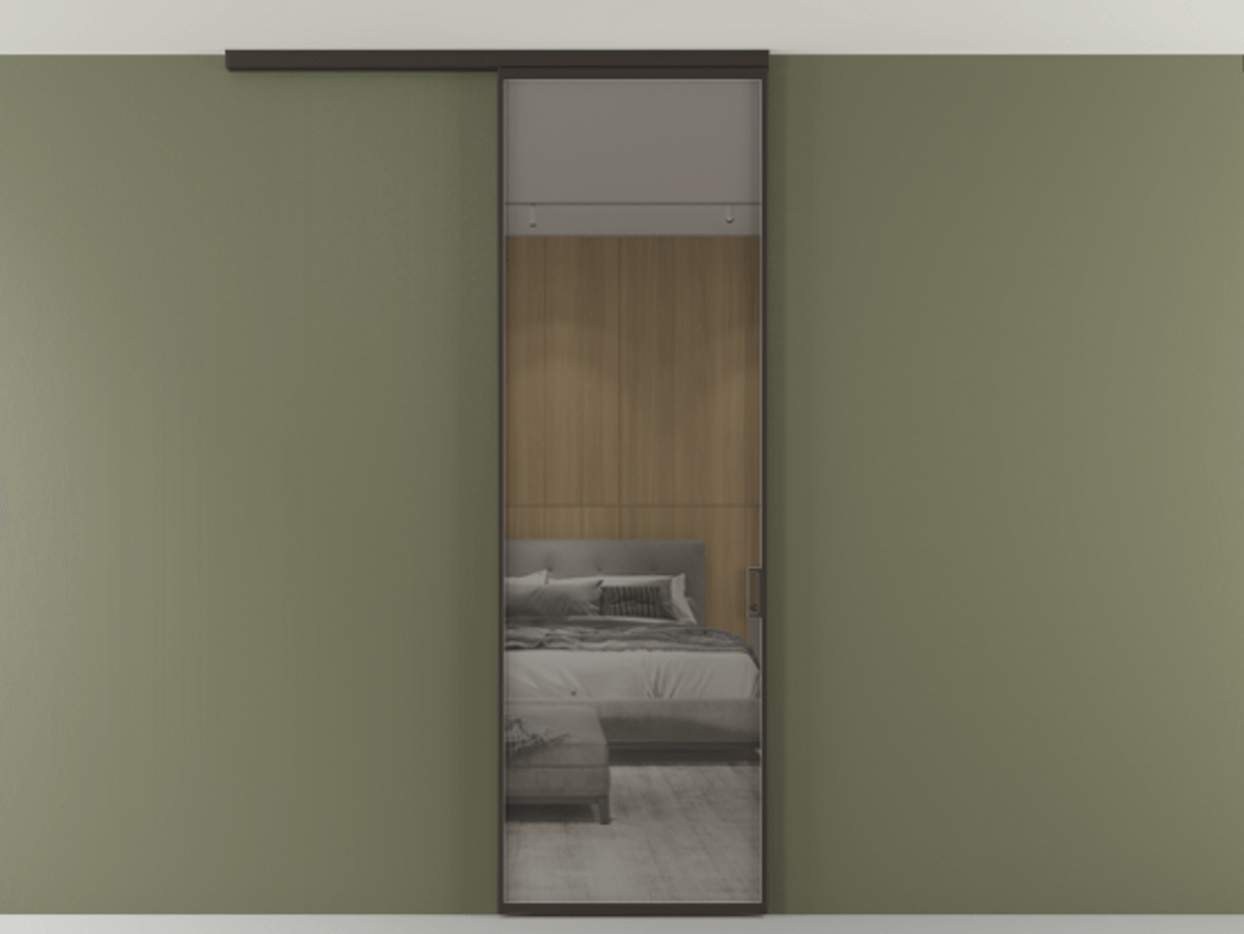 Перегородка Формато вдоль стены на потолок 1 створка АЛПР 040.01 Алюминий антрацит Рефлективное серое стекло "Стопсол", калёное Цена 806380 AMD | Volhovec