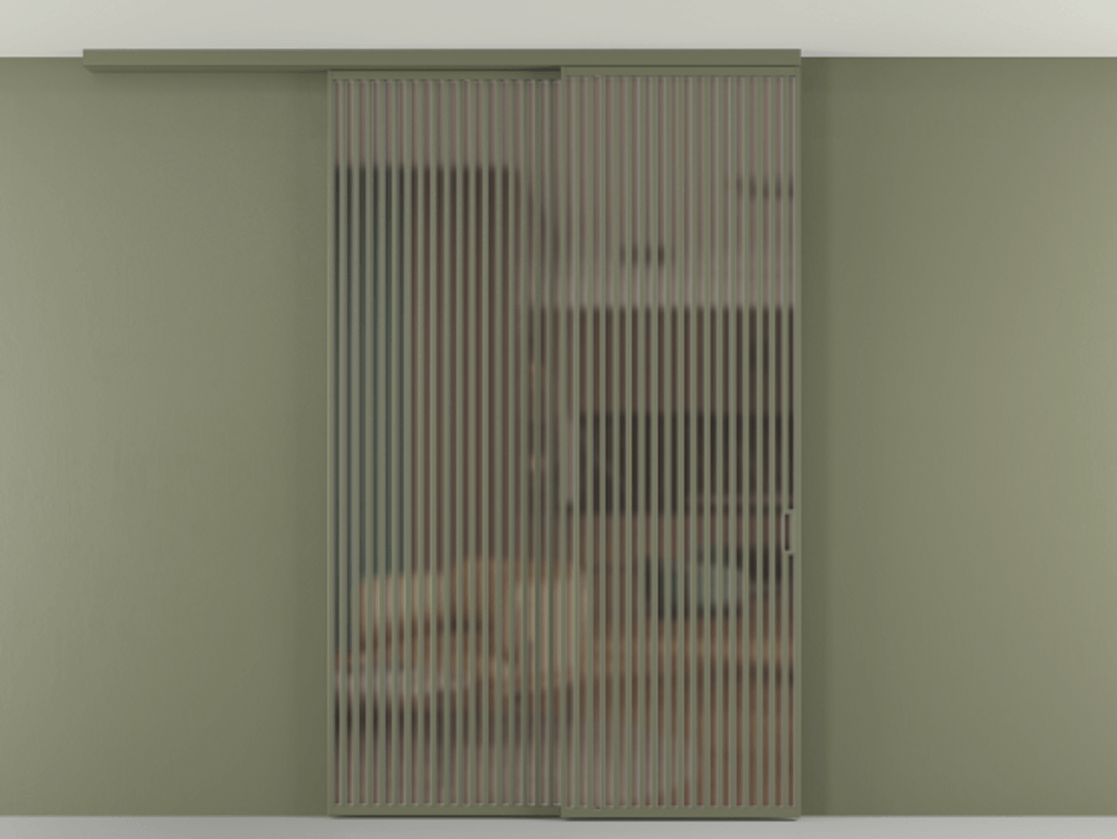 Перегородка Формато вдоль стены на потолок 2 створки с синхронным механизмом АЛПР 040.06 Алюминий оливковый тёмный Сатинированное бронзовое стекло, триплекс Цена 450456 ₽ | Volhovec