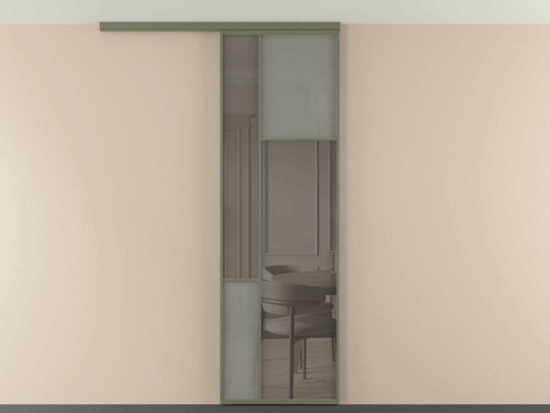 Перегородка Мозаик вдоль стены на потолок 1 створка АЛПР 041.11 Алюминий оливковый тёмный Сатинированное серое стекло, триплекс, 6 мм + Прозрачное серое стекло, триплекс Цена 910710 AMD | Volhovec