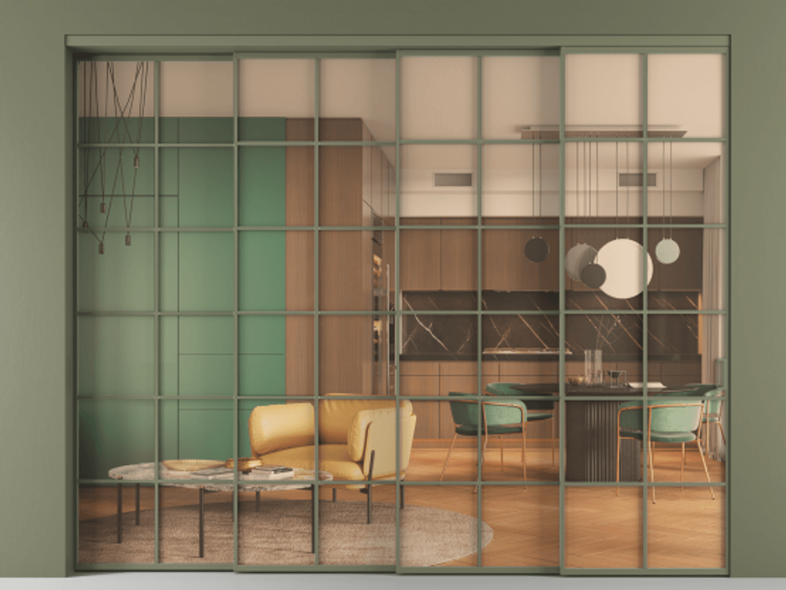 Перегородка Formato внутри проёма 4 створки с синхронным механизмом АЛПР 040.05 Алюминий оливковый тёмный Прозрачное оранжевое стекло, триплекс Цена 3295700 AMD | Volhovec