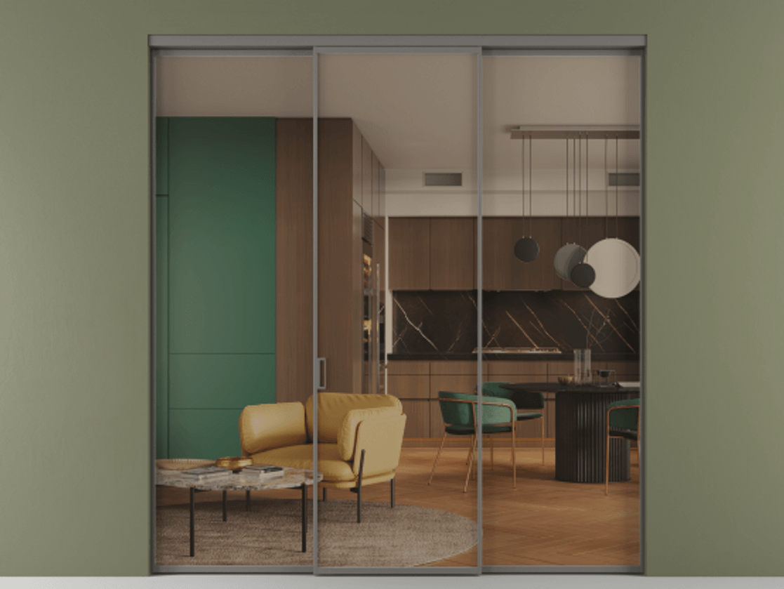 Перегородка Formato внутри проёма 3 створки АЛПР 040.01 Алюминий классический серый Прозрачное бронзовое стекло, триплекс Цена 1518240 AMD | Volhovec