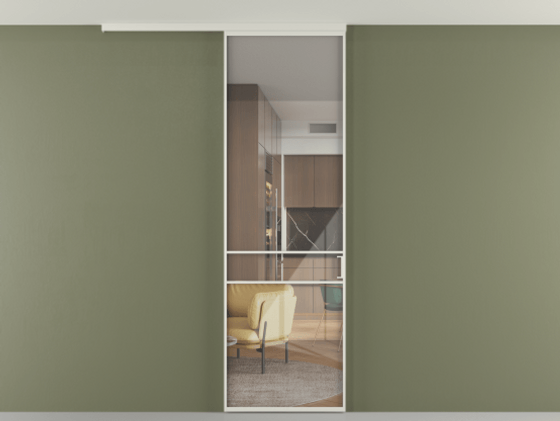 Перегородка Формато вдоль стены на потолок 1 створка АЛПР 040.02 Алюминий Белый Рефлективное прозрачное стекло "Стопсол", калёное Цена 815010 AMD | Volhovec