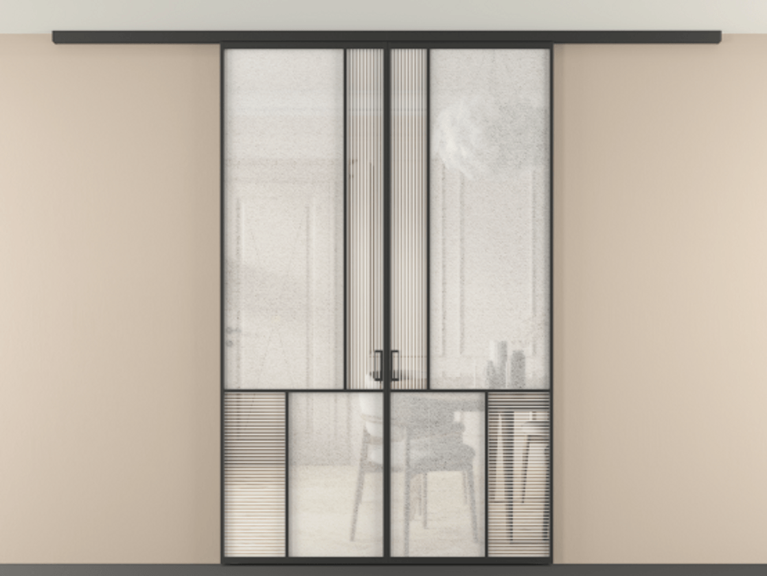 Перегородка Mosaic вдоль стены на потолок двустворчатая АЛПР 041.20 Алюминий Черный Рифлёное стекло "Дюна", триплекс, 6 мм + Фактурное стекло "Лёд", триплекс Цена 1809550 AMD | Volhovec