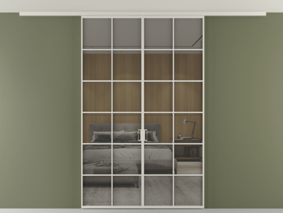 Перегородка Формато вдоль стены на потолок 2 створки АЛПР 040.05 Алюминий тёплый серый Рефлективное серое стекло "Стопсол", калёное Цена 1760720 AMD | Volhovec