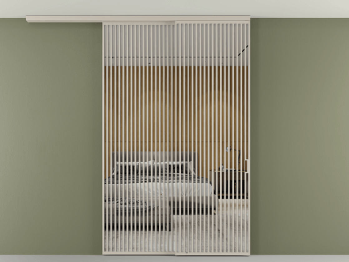 Перегородка Формато вдоль стены на потолок 2 створки с синхронным механизмом АЛПР 040.06 Алюминий светло-бежевый Двустороннее зеркало, триплекс , триплекс 6 мм Цена 3037880 AMD | Volhovec