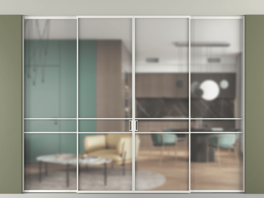 Перегородка Формато внутри проёма скрытое крепление в потолок 4 створки АЛПР 040.02 Алюминий светло-серый Сатинированное стекло "Мателюкс Кристал Вижн", калёное, матовое, каленое 6 мм Цена 3743860 AMD | Volhovec