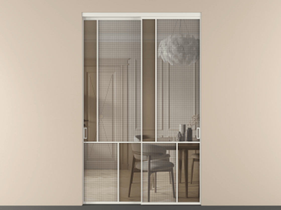 Перегородка Mosaic внутри проёма двустворчатая АЛПР 041.20 Алюминий Белый Декоративное стекло с сеткой "Mesh silver", триплекс, 6 мм + Прозрачное бронзовое стекло, триплекс, 6 мм Цена 1552200 AMD | Volhovec