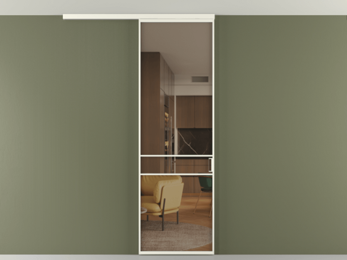 Перегородка Formato вдоль стены на потолок 1 створка АЛПР 040.02 Алюминий жемчужный Прозрачное бронзовое стекло, триплекс Цена 96858 ₽ | Volhovec