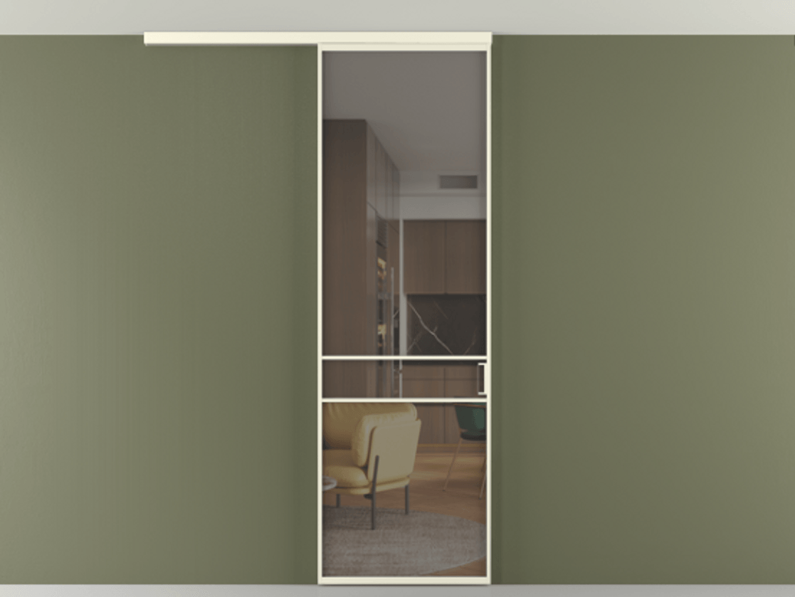 Перегородка Формато вдоль стены на потолок 1 створка АЛПР 040.02 Алюминий молочно-белый Прозрачное серое стекло, триплекс Цена 653210 AMD | Volhovec