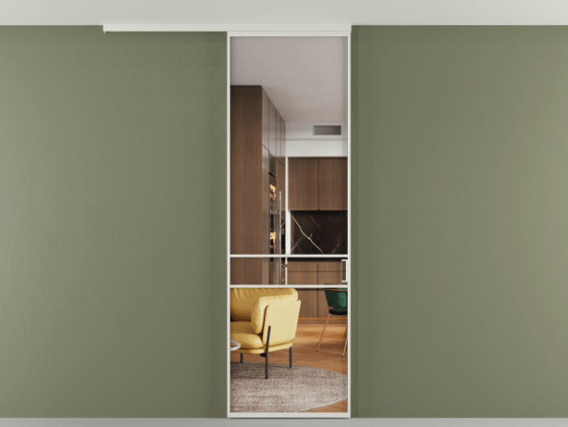 Перегородка Formato вдоль стены на потолок одностворчатая АЛПР 040.02 Алюминий Белый Прозрачное стекло "Crystal Vision", калёное Цена 120850 ₽ | Volhovec