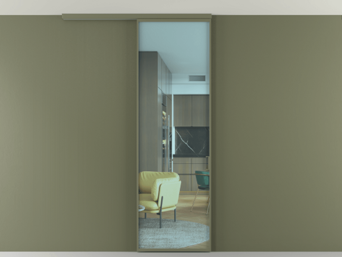 Перегородка Формато вдоль стены на потолок 1 створка АЛПР 040.01 Алюминий оливковый тёмный Прозрачное голубое стекло, триплекс Цена 623200 AMD | Volhovec