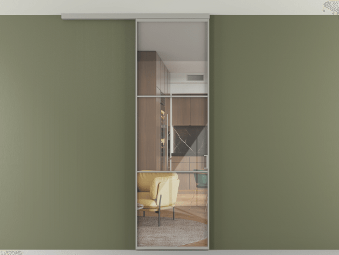 Перегородка Формато вдоль стены на потолок 1 створка АЛПР 040.03 Алюминий нейтральный серый Рефлективное прозрачное стекло "Стопсол", калёное Цена 724220 AMD | Volhovec