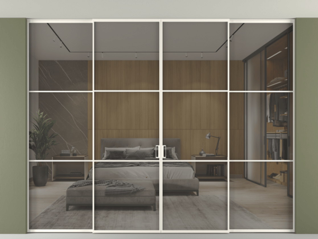 Перегородка Formato внутри проёма скрытое крепление в потолок 4 створки АЛПР 040.03 Алюминий пудровый белый Рефлективное серое стекло "Стопсол", калёное Цена 555140 ₽ | Volhovec