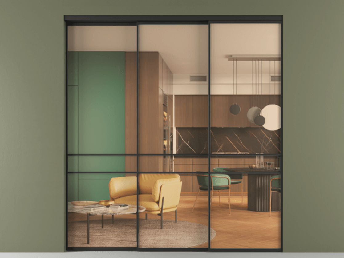 Перегородка Формато внутри проёма 3 створки с синхронным механизмом АЛПР 040.02 Алюминий Черный Прозрачное оранжевое стекло, триплекс Цена 2216100 AMD  | Volhovec