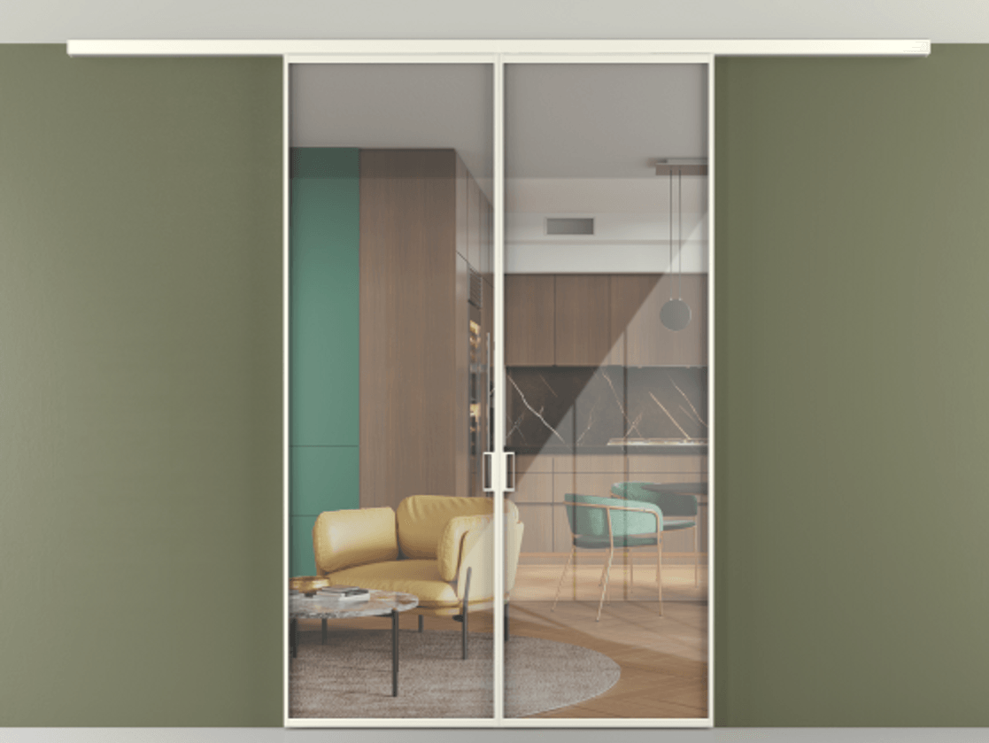 Перегородка Формато вдоль стены на потолок 2 створки АЛПР 040.01 Алюминий жемчужный Рефлективное прозрачное стекло "Стопсол", калёное Цена 1336470 AMD | Volhovec