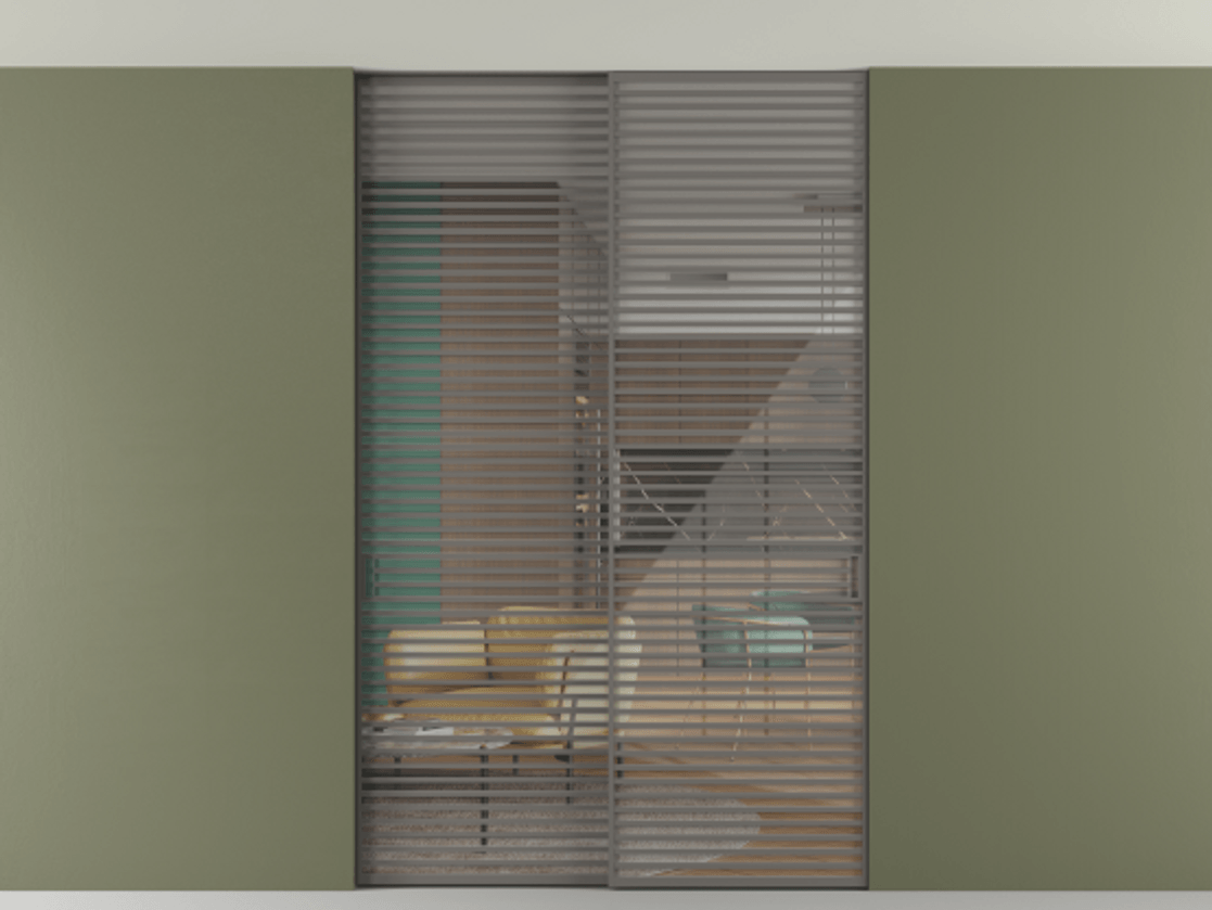 Перегородка Формато внутри проёма скрытое крепление в потолок 2 створки АЛПР 040.07 Алюминий классический серый Рефлективное прозрачное стекло "Стопсол", калёное Цена 3514430 AMD | Volhovec