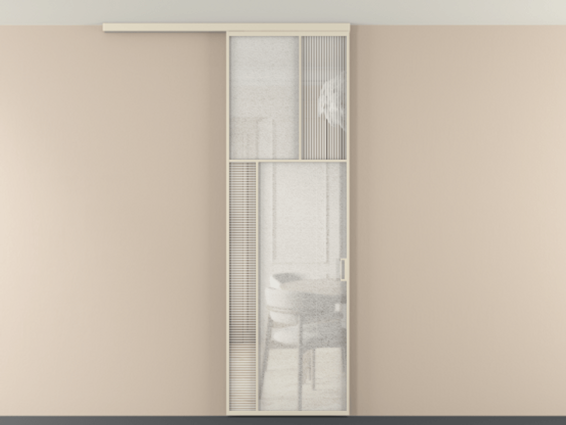 Перегородка Мозаик вдоль стены на потолок 1 створка АЛПР 041.22 Алюминий бежево-серый Рифлёное стекло "Дюна", триплекс, 6 мм + Фактурное стекло "Лёд", триплекс Цена 964660 AMD | Volhovec