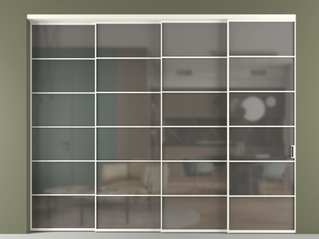 Перегородка Формато внутри проёма 4 створки с синхронным механизмом АЛПР 040.04 Алюминий пудровый белый Сатинированное серое стекло, триплекс. Цена 3295660 AMD 1. Полотно 4 шт. (800/2100 мм)
2. Комплект установки раздвижной системы
3. Базовый комплект фурнитуры
4. Комплект фурнитуры телескопик синхро-3
5. Ручка Рондо. Фабрика дверей Волховец 8 (800) 551 43 19 Перегородка Формато внутри проёма 4 створки с синхронным механизмом АЛПР 040.04 Алюминий пудровый белый Сатинированное серое стекло, триплекс Цена 3295660 AMD | Volhovec