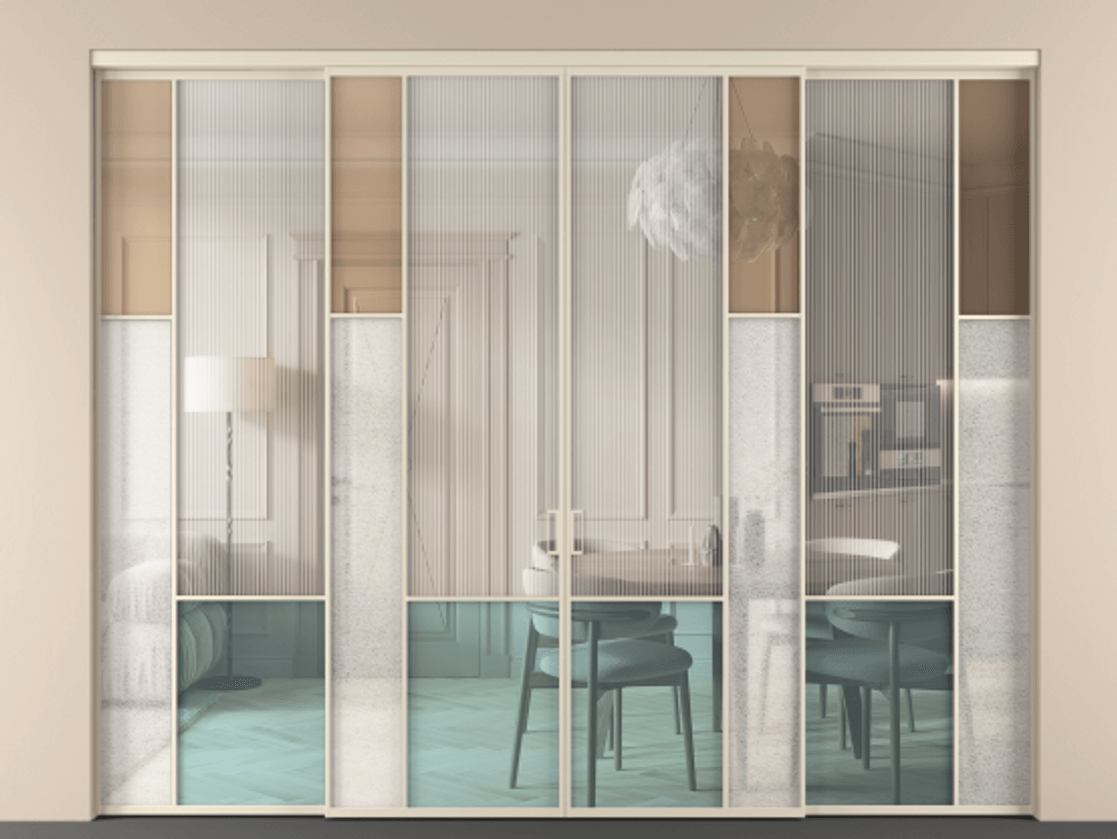 Перегородка Mosaic внутри проёма четырёхстворчатая АЛПР 041.12 Алюминий бежево-серый Комбинация стекол Группы 1 и Группы 3 Цена 3270300 AMD | Volhovec