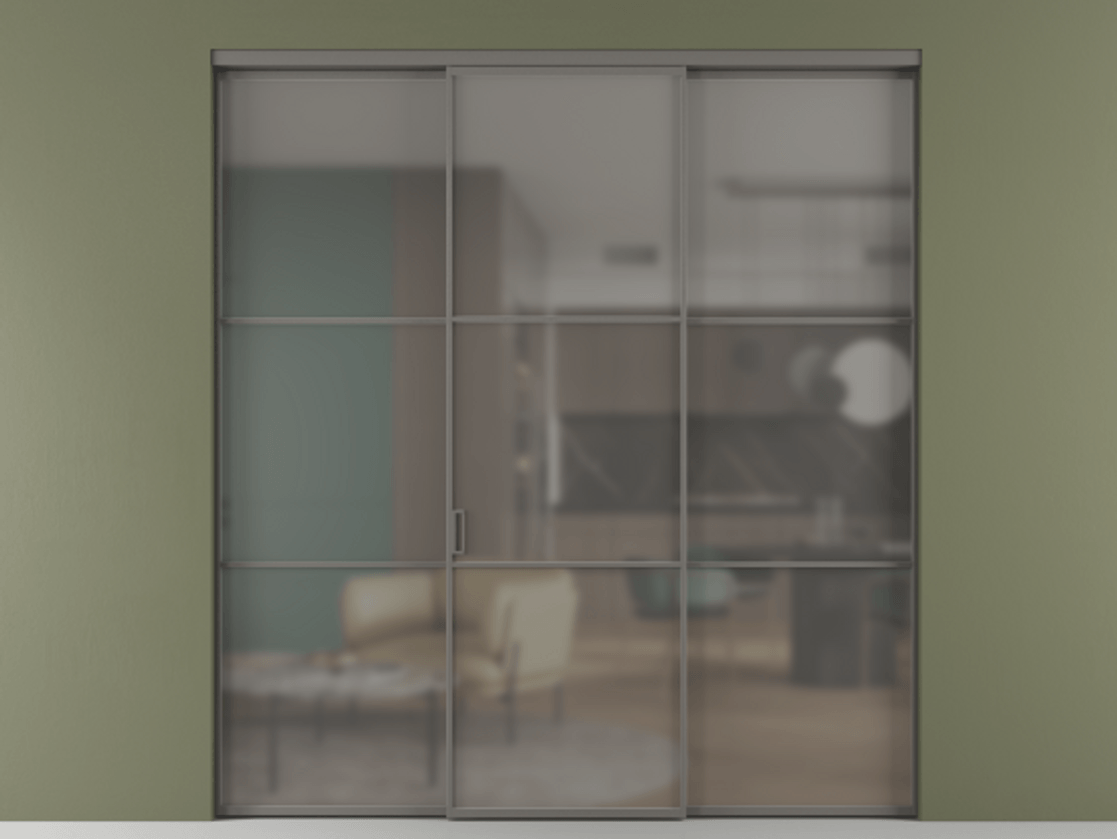 Перегородка Formato внутри проёма 3 створки АЛПР 040.03 Алюминий классический серый Сатинированное серое стекло, триплекс Цена 1600180 AMD | Volhovec