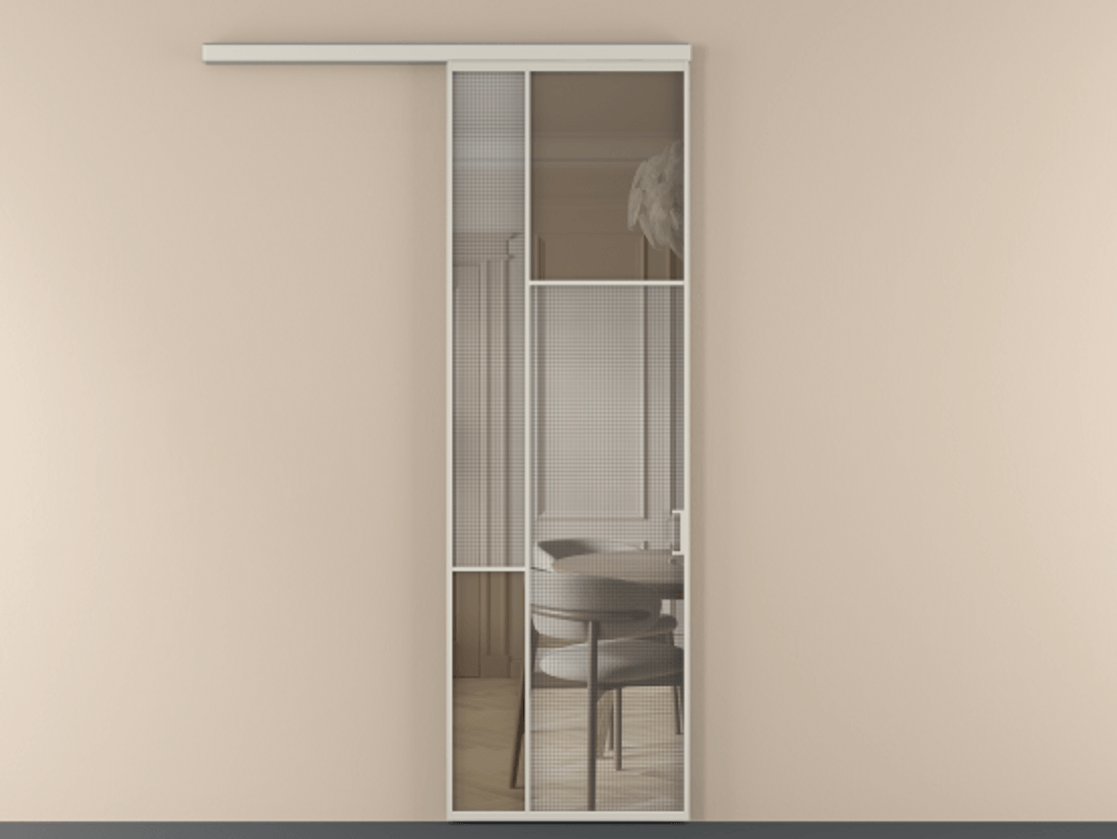 Перегородка Mosaic вдоль стены 1 створка АЛПР 041.11  Алюминий облачно-серый Декоративное стекло с сеткой "Mesh silver", триплекс, 6 мм + Прозрачное бронзовое стекло, триплекс Цена 964590 AMD | Volhovec