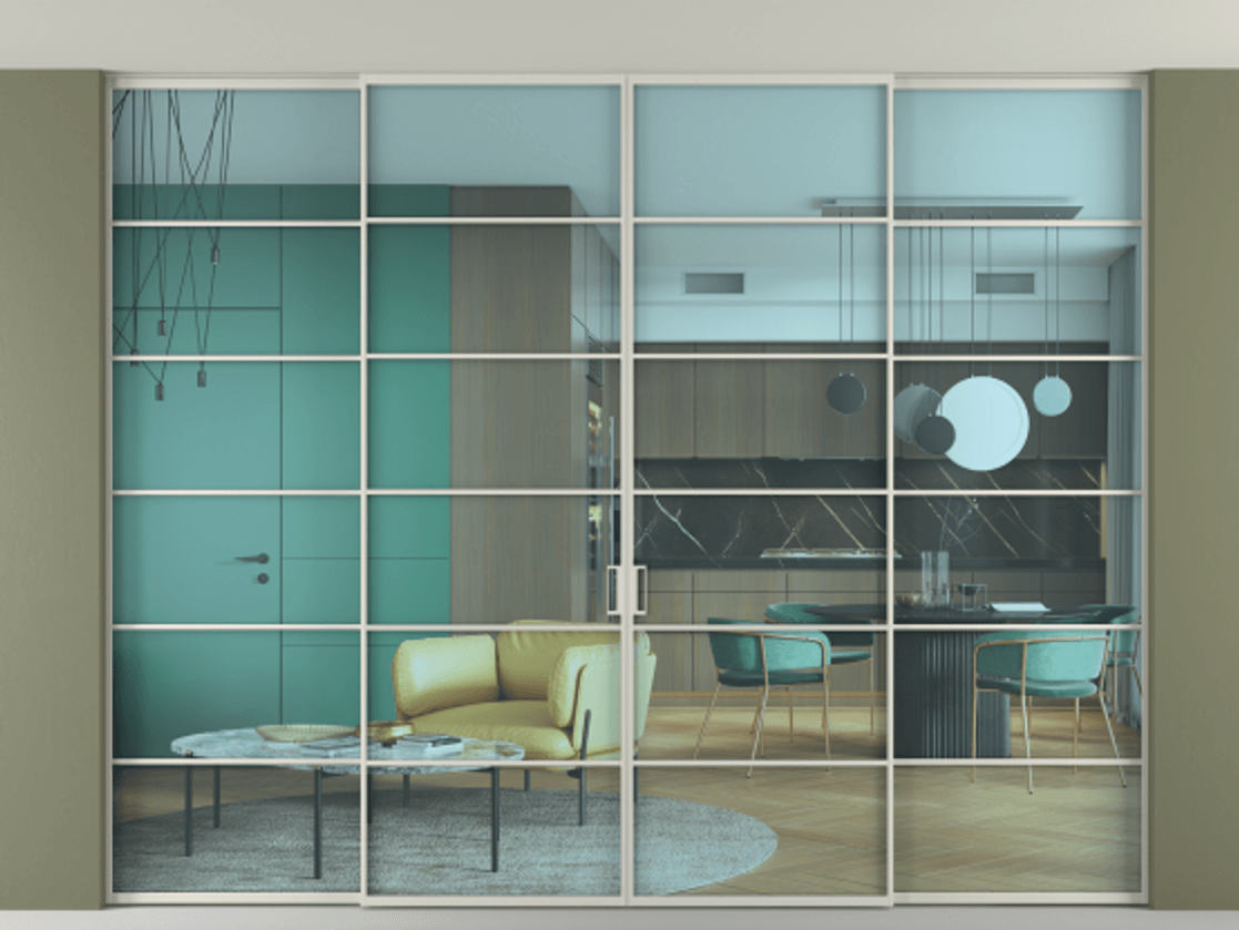 Перегородка Formato внутри проёма скрытое крепление в потолок 4 створки АЛПР 040.04 Алюминий тёплый серый Прозрачное голубое стекло, триплекс Цена 3759500 AMD | Volhovec