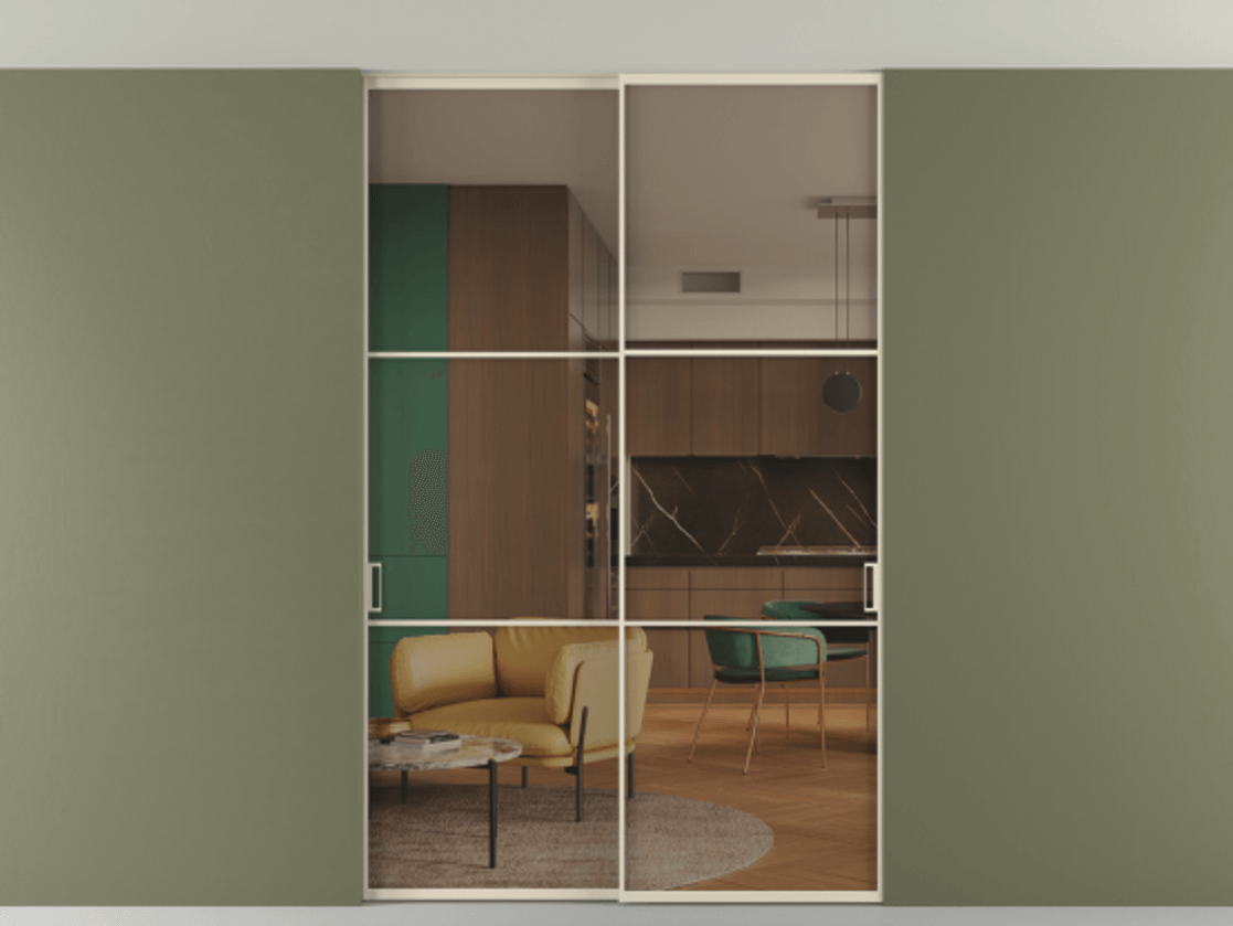 Перегородка Формато внутри проёма скрытое крепление в потолок 2 створки АЛПР 040.03 Алюминий бежево-серый Прозрачное бронзовое стекло, триплекс Цена 1673960 AMD | Volhovec