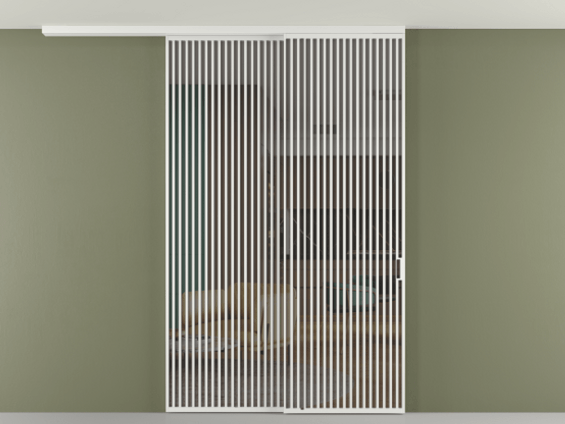 Перегородка Формато вдоль стены на потолок 2 створки с синхронным механизмом АЛПР 040.06 Алюминий белоснежный Прозрачное серое стекло, триплекс Цена 3037880 AMD | Volhovec