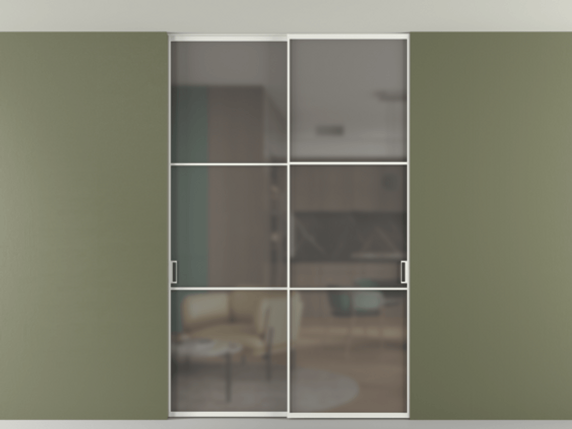 Перегородка Формато внутри проёма скрытое крепление в потолок 2 створки АЛПР 040.03 Алюминий светло-серый Сатинированное серое стекло, триплекс Цена 1673960 AMD | Volhovec